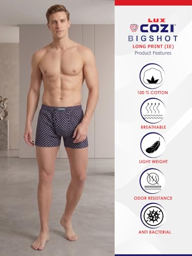 Lux Cozi Men's Cotton Trunk Printed Inner Elastic Long Color and Print May Vary Pack of 3 (XL)