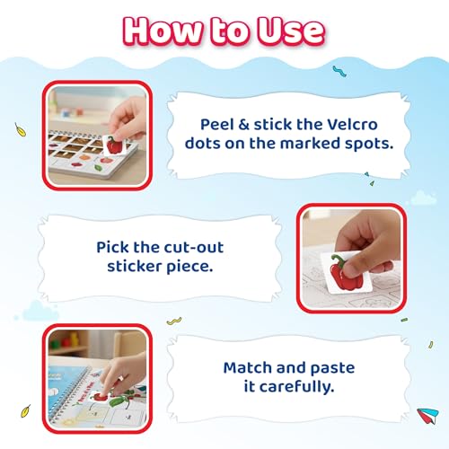 Pick & Stick Velcro Learning Activity Book For Kids | Busy Book Level 2 For 3+ Years Old Toddlers | Montessori DIYs, Skill Builder, Numbers, Alphabets, Animals, 5 Senses, Travel Vehicles, Kids Gifts (Spiral-bound)