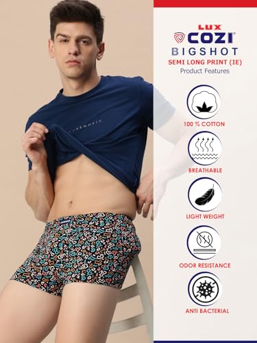Lux Cozi Men's 100% Cotton Printed Inner Elastic Mini Trunk | Printed Mini Trunk for Men | Color and Print May Vary | Mini Trunk for Men Pack of 5 (XL)