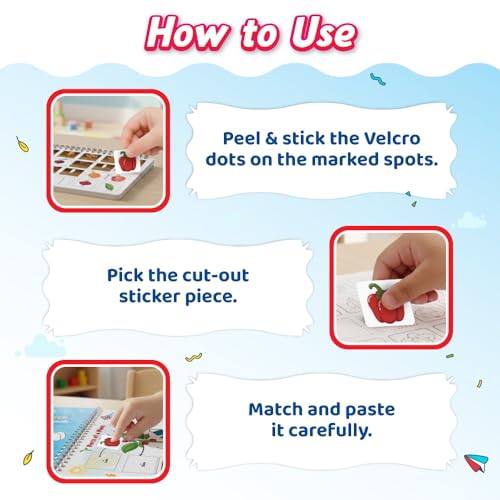 Pick & Stick Velcro Learning Activity Book For Kids | Busy Book Level 1 For 2+ Years Old Toddlers | Montessori DIYs, Skill Builder, Numbers, Alphabets, Body Parts, Colors, Travel Vehicles, Kids Gifts (Spiral-bound)