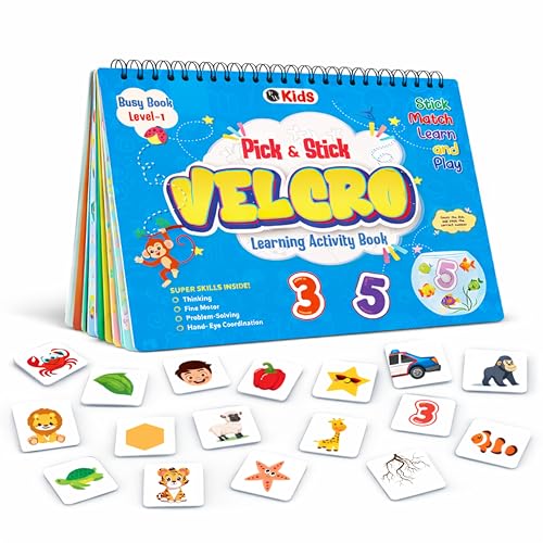 Pick & Stick Velcro Learning Activity Book For Kids | Busy Book Level 1 For 2+ Years Old Toddlers | Montessori DIYs, Skill Builder, Numbers, Alphabets, Body Parts, Colors, Travel Vehicles, Kids Gifts (Spiral-bound)