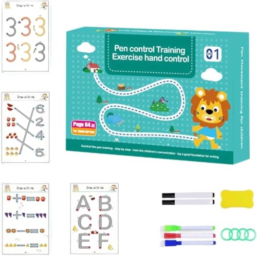 SHNMN 64 Pages Magical Tracing Workbook Set, Hand Writing Pen Control Training Book For Learning To Write The Alphabets & Numbers, Preschool Educational Reusable Learning Book For Kids (1) (Workbook)