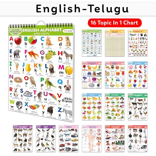 My First ALL IN ONE SPIRAL CHART ENGLISH-TELUGU : Learning Chart book for kids, Educational Chart for toddlers, Collection With 16 Topics, birthday gifts for Kids (Spiral-bound)