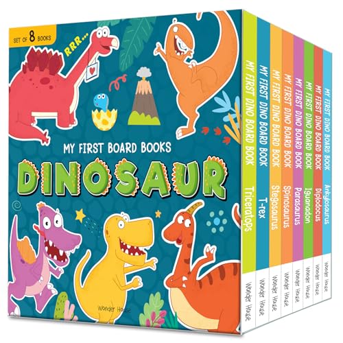 My First Dinosaur Board Books – Boxed Set of 8: T. rex, Triceratops, Stegosaurus, Spinosaurus, Diplodocus, Ankylosaurus, Parasaurolophus & Iguanodon | Brightly Illustrated Dino Books with Fun Facts &  (Paperback)