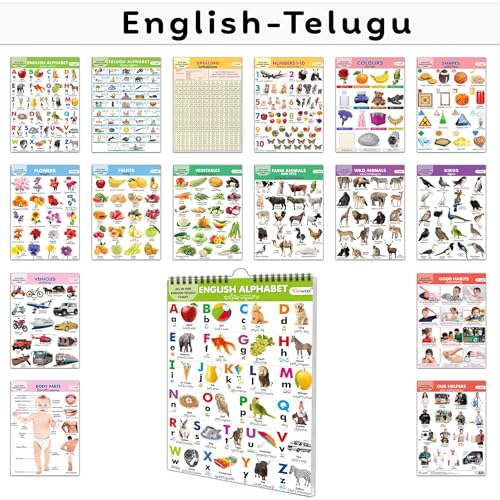My First ALL IN ONE SPIRAL CHART ENGLISH-TELUGU : Learning Chart book for kids, Educational Chart for toddlers, Collection With 16 Topics, birthday gifts for Kids (Spiral-bound)