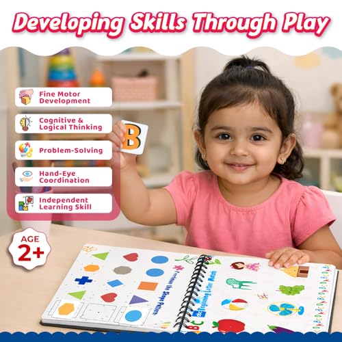Pick & Stick Velcro Learning Activity Book For Kids | Busy Book Level 1 For 2+ Years Old Toddlers | Montessori DIYs, Skill Builder, Numbers, Alphabets, Body Parts, Colors, Travel Vehicles, Kids Gifts (Spiral-bound)