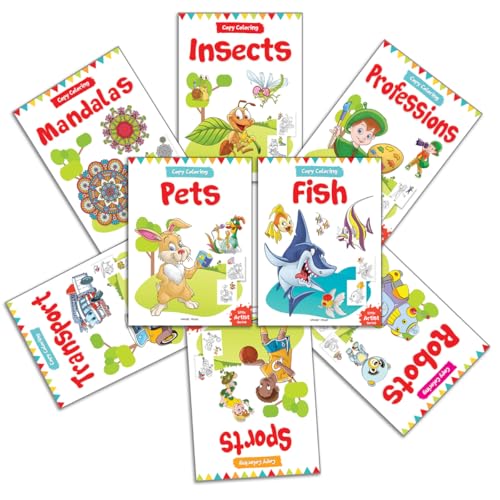 Let's Color: Copy Color Art Pack of 8 Books (Transport, Professions, Pets, Fish, Insects, Robots, Mandalas and Sports) - 3 years to 8 years (Hardcover)