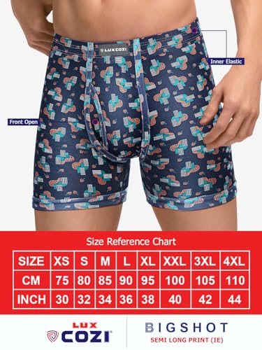 Lux Cozi Men's Cotton Trunk Printed Inner Elastic Long Color and Print May Vary Pack of 3 (S)