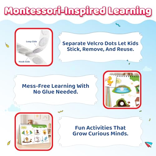 Pick & Stick Velcro Learning Activity Book For Kids | Busy Book Level 2 For 3+ Years Old Toddlers | Montessori DIYs, Skill Builder, Numbers, Alphabets, Animals, 5 Senses, Travel Vehicles, Kids Gifts (Spiral-bound)