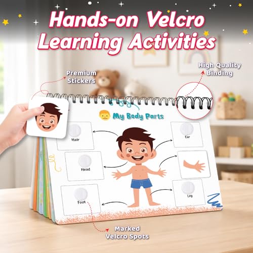 Pick & Stick Velcro Learning Activity Book For Kids | Busy Book Level 1 For 2+ Years Old Toddlers | Montessori DIYs, Skill Builder, Numbers, Alphabets, Body Parts, Colors, Travel Vehicles, Kids Gifts (Spiral-bound)
