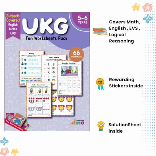 UKG Worksheets - Fun Learning Pack of 66 Pages for 5 - 7 year old kids | Covers English, Maths and EVS | Free rewarding sticker | By Learning Dino (Workbook)