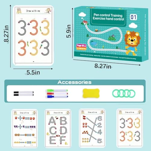 SHNMN 64 Pages Magical Tracing Workbook Set, Hand Writing Pen Control Training Book For Learning To Write The Alphabets & Numbers, Preschool Educational Reusable Learning Book For Kids (1) (Workbook)
