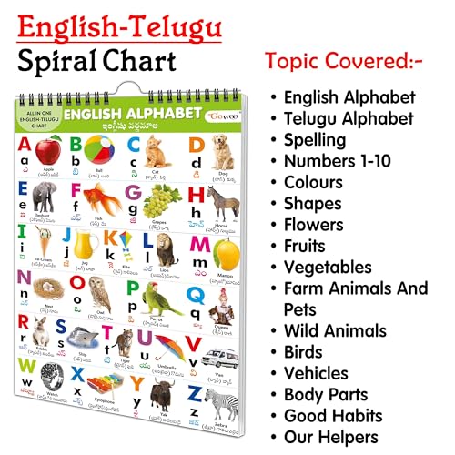 My First ALL IN ONE SPIRAL CHART ENGLISH-TELUGU : Learning Chart book for kids, Educational Chart for toddlers, Collection With 16 Topics, birthday gifts for Kids (Spiral-bound)