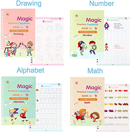 SHNMN Sank Magic Practice Copybook, (4 BOOK +1 PEN + 10 REFILL) Number Tracing Book for Preschoolers with Pen, Magic calligraphy books for kids Reusable Writing Tool (Spiral-bound)