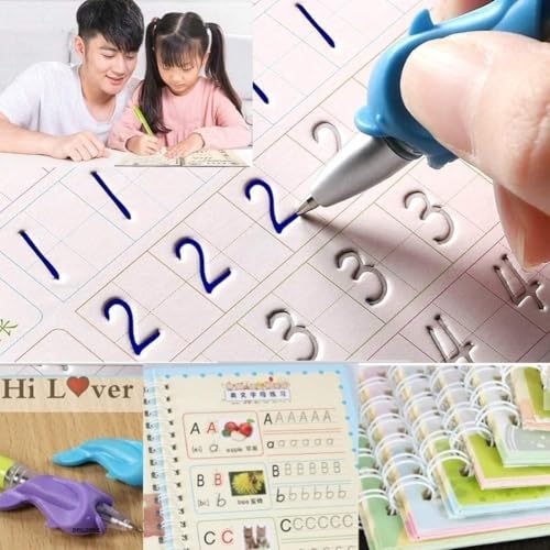 SHNMN Sank Magic Practice Copybook, (4 BOOK +1 PEN + 10 REFILL) Number Tracing Book for Preschoolers with Pen, Magic calligraphy books for kids Reusable Writing Tool (Spiral-bound)