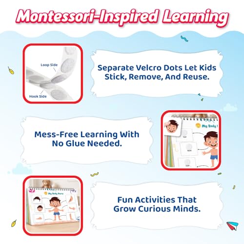 Pick & Stick Velcro Learning Activity Book For Kids | Busy Book Level 1 For 2+ Years Old Toddlers | Montessori DIYs, Skill Builder, Numbers, Alphabets, Body Parts, Colors, Travel Vehicles, Kids Gifts (Spiral-bound)