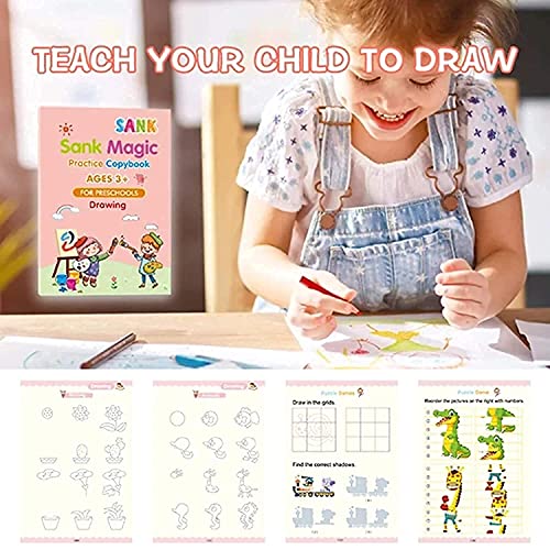 SHNMN Sank Magic Practice Copybook, (4 BOOK +1 PEN + 10 REFILL) Number Tracing Book for Preschoolers with Pen, Magic calligraphy books for kids Reusable Writing Tool
