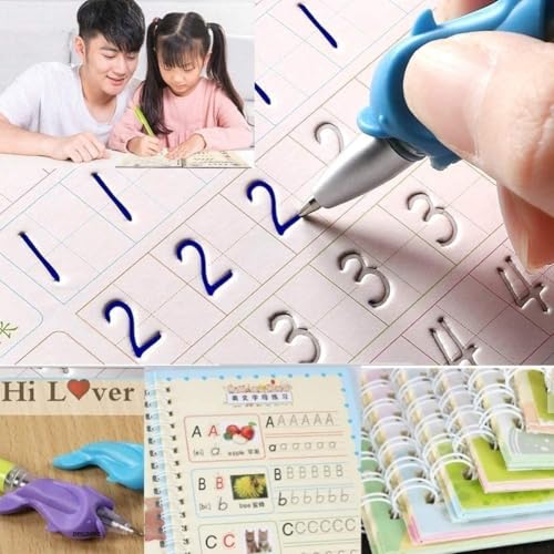 SHNMN Sank Magic Practice Copybook, (4 BOOK +1 PEN + 10 REFILL) Number Tracing Book for Preschoolers with Pen, Magic calligraphy books for kids Reusable Writing Tool