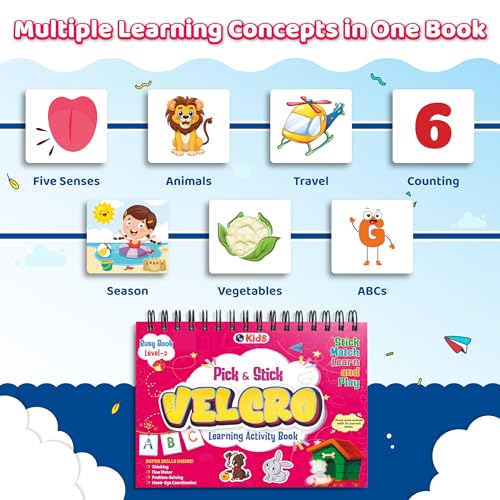 Pick & Stick Velcro Learning Activity Book For Kids | Busy Book Level 2 For 3+ Years Old Toddlers | Montessori DIYs, Skill Builder, Numbers, Alphabets, Animals, 5 Senses, Travel Vehicles, Kids Gifts (Spiral-bound)