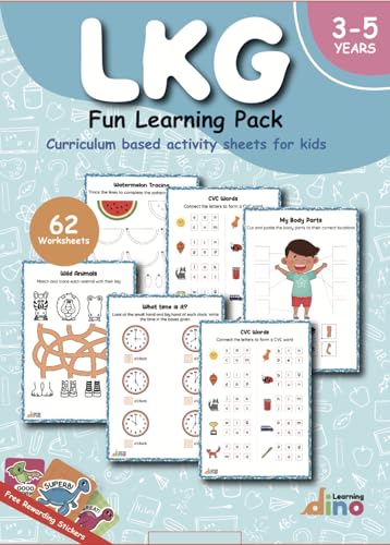 LKG Activity Worksheets For Kids + Free Sticker | Covers English, Maths, EVS, General Awarness & Lifeskills | For 3 - 5 year kids | Engaging Curriculum Based Worksheets | By Learning Dino