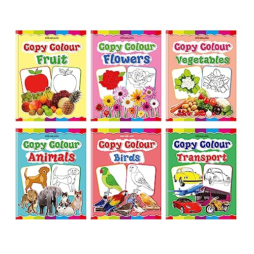 Set of 6 Copy Colour Books for Kids Age 3–5 Years | Animals, Birds, Flowers, Fruits, Transport, Vegetables | Fun Preschool Activity to Learn Colours & Object Names | Large Images & Thick Paper | Early (Paperback)