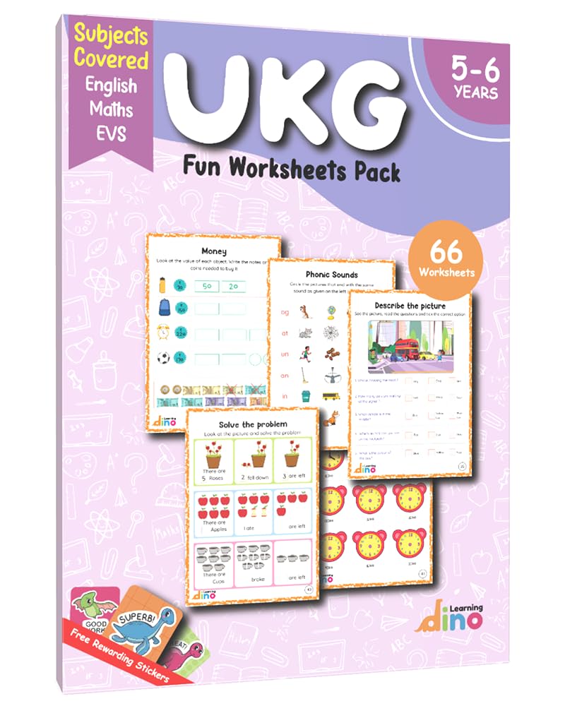 UKG Worksheets - Fun Learning Pack of 66 Pages for 5 - 7 year old kids | Covers English, Maths and EVS | Free rewarding sticker | By Learning Dino (Workbook)