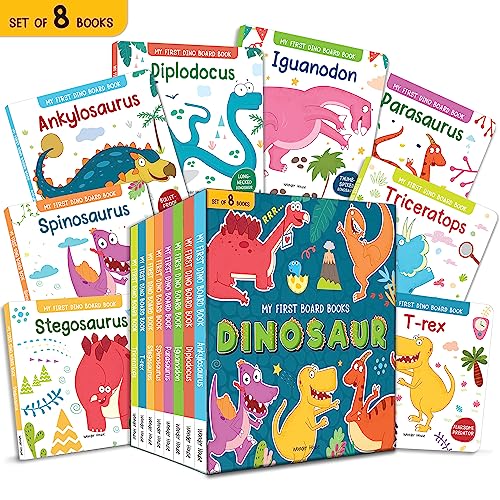 My First Dinosaur Board Books – Boxed Set of 8: T. rex, Triceratops, Stegosaurus, Spinosaurus, Diplodocus, Ankylosaurus, Parasaurolophus & Iguanodon | Brightly Illustrated Dino Books with Fun Facts &  (Paperback)