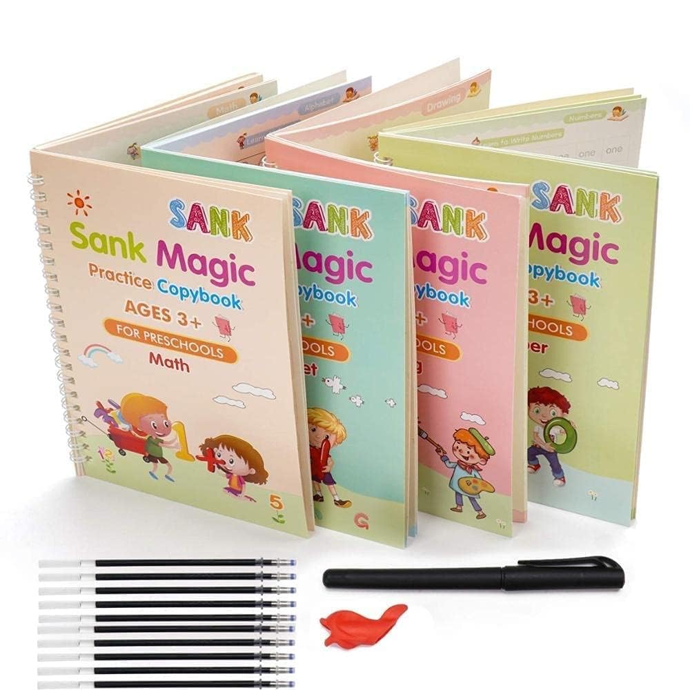 SHNMN Sank Magic Practice Copybook, (4 BOOK +1 PEN + 10 REFILL) Number Tracing Book for Preschoolers with Pen, Magic calligraphy books for kids Reusable Writing Tool (Spiral-bound)