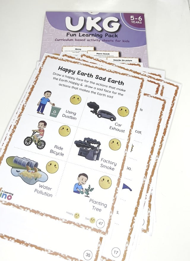 UKG Worksheets - Fun Learning Pack of 66 Pages for 5 - 7 year old kids | Covers English, Maths and EVS | Free rewarding sticker | By Learning Dino (Workbook)