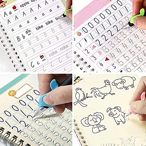 SHNMN Sank Magic Practice Copybook, (4 BOOK +1 PEN + 10 REFILL) Number Tracing Book for Preschoolers with Pen, Magic calligraphy books for kids Reusable Writing Tool (Spiral-bound)