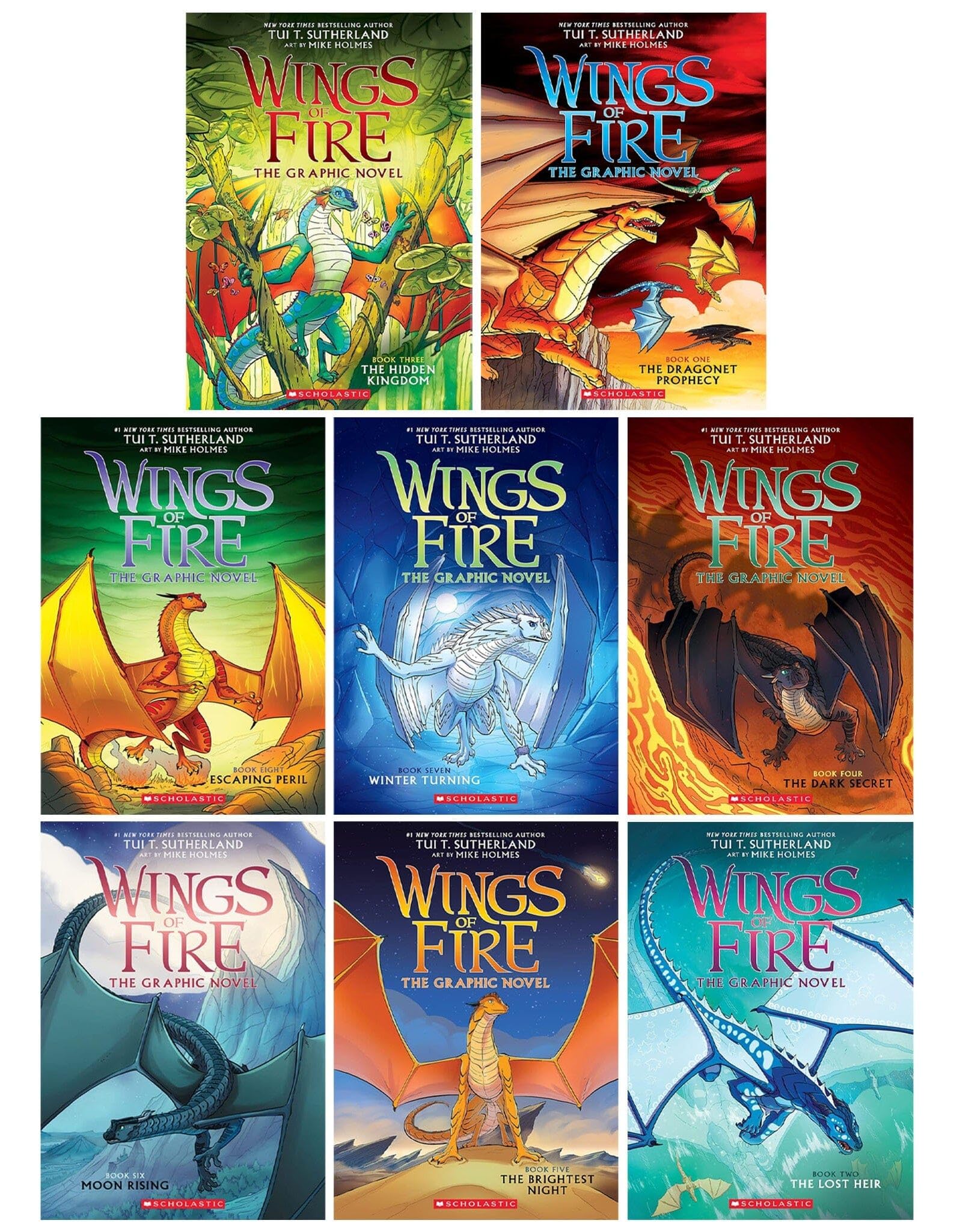 Wings of Fire Series Book 1-8 By Tui T. Sutherland Graphic Novel 8 Books Collection (Escaping Peril, Winter Turning, Moon Rising, The Brightest Night, Dark Secret, Hidden Kingdom, Lost Heir & 1 More)
