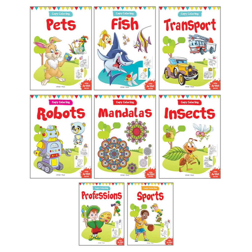 Let's Color: Copy Color Art Pack of 8 Books (Transport, Professions, Pets, Fish, Insects, Robots, Mandalas and Sports) - 3 years to 8 years (Hardcover)