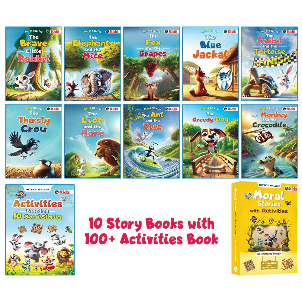 Set of 10 Moral Story Book for Kids with 100+ Activities Book, Short Illustrated Stories with 3D Animated Images, Story Book for Kids 3-5 Years (Paperback)