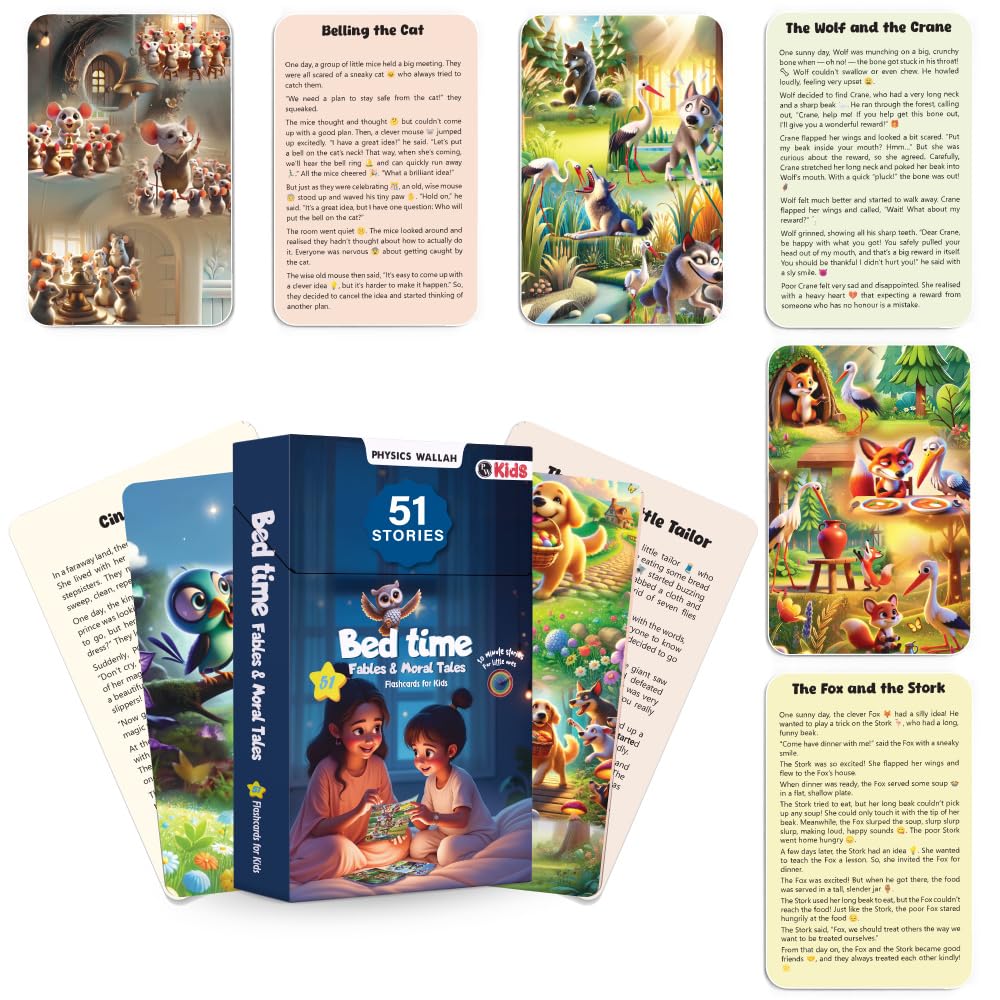 Bedtime Fables and Moral Tales Flashcards for Kids, 51 Colourful & Short Stories Flashcards for 3-6 Years Old, Montessori Educational Toy (Cards)