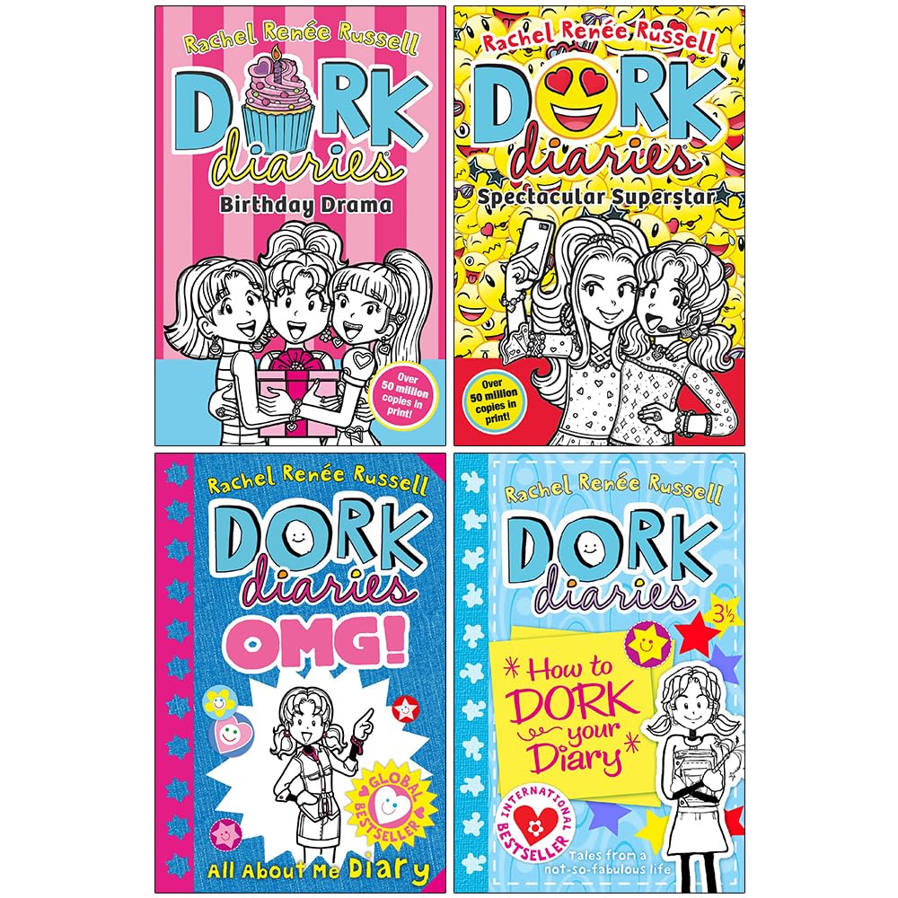 Dork Diaries Series Collection 4 Books Set By Rachel Renee Russell (Birthday Drama!, Spectacular Superstar, Dork Diaries OMG All About Me Diary, Dork Diaries 3 ½ How to Dork Your Diary) Paperback