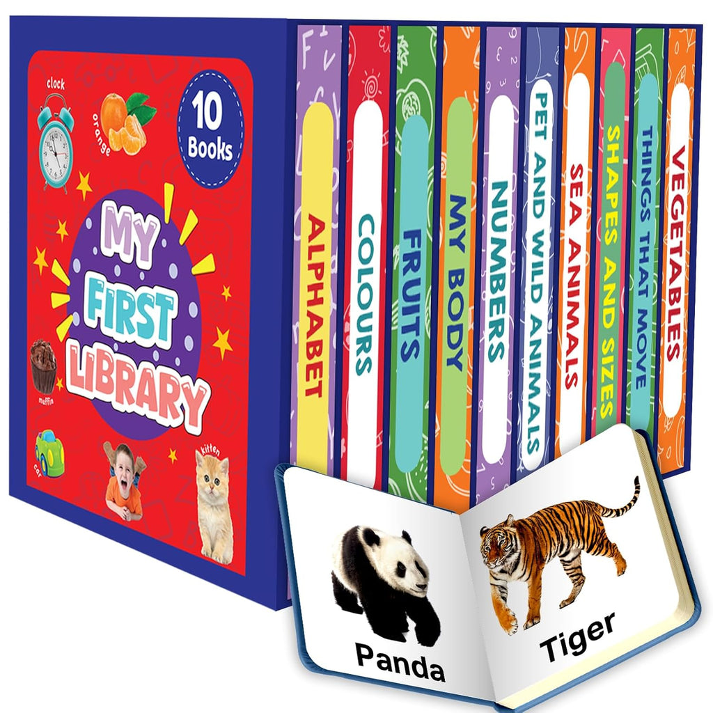 My First Library: 10 Board Books Set for Babies & Toddlers | ABC, Numbers, Shapes, Colors, Animals, Birds, Fruits, Veggies & Transport | Early Learning Educational Books for Kids (0–3 Years) (Board book)