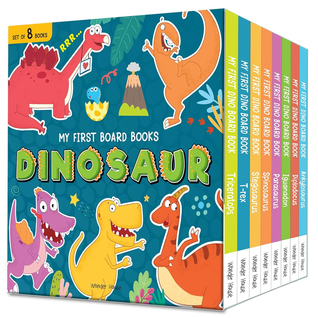 My First Dinosaur Board Books – Boxed Set of 8: T. rex, Triceratops, Stegosaurus, Spinosaurus, Diplodocus, Ankylosaurus, Parasaurolophus & Iguanodon | Brightly Illustrated Dino Books with Fun Facts &  (Paperback)
