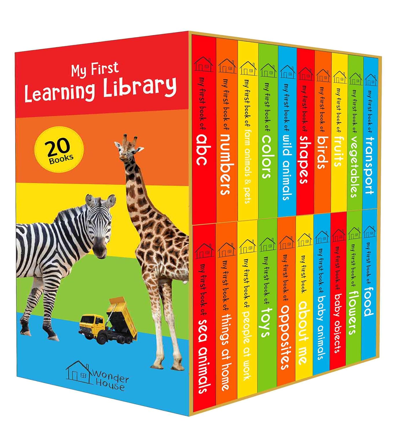 My First Learning Library: Boxset of 20 Board Books for Kids | Includes ABC, Numbers, Shapes, Colors, Wild & Baby Animals, Fruits, Vegetables, Transport, Toys, Opposites, Flowers, Sea Animals, People  (Board book)