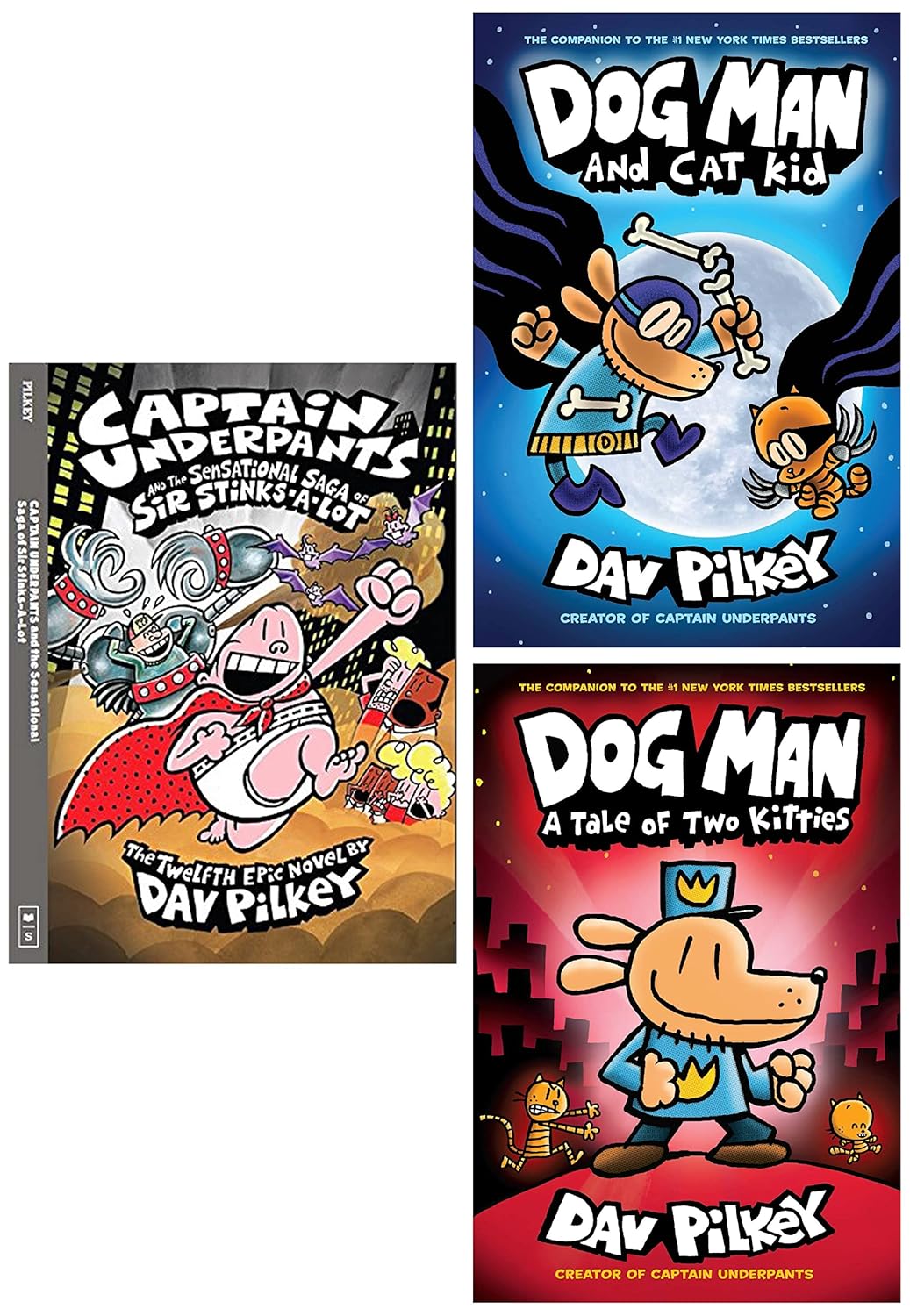 Dog Man 3: A Tale of Two Kitties & Dog Man #4: Dog Man and Cat Kid: & Captain Underpants and the Sensational Saga of Sir Stinks-a-Lot (Product Bundle)
