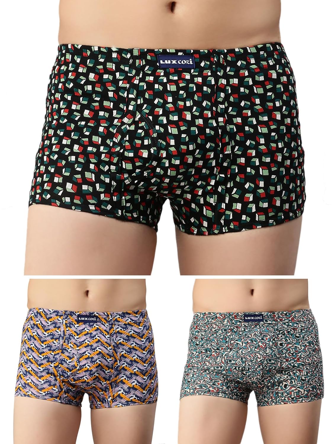 Lux Cozi Mens 100% Cotton Printed Mini Trunk | Printed Mini Trunk for Men | Color and Print May Vary | Mini Trunk for Men Pack of 3 (L)