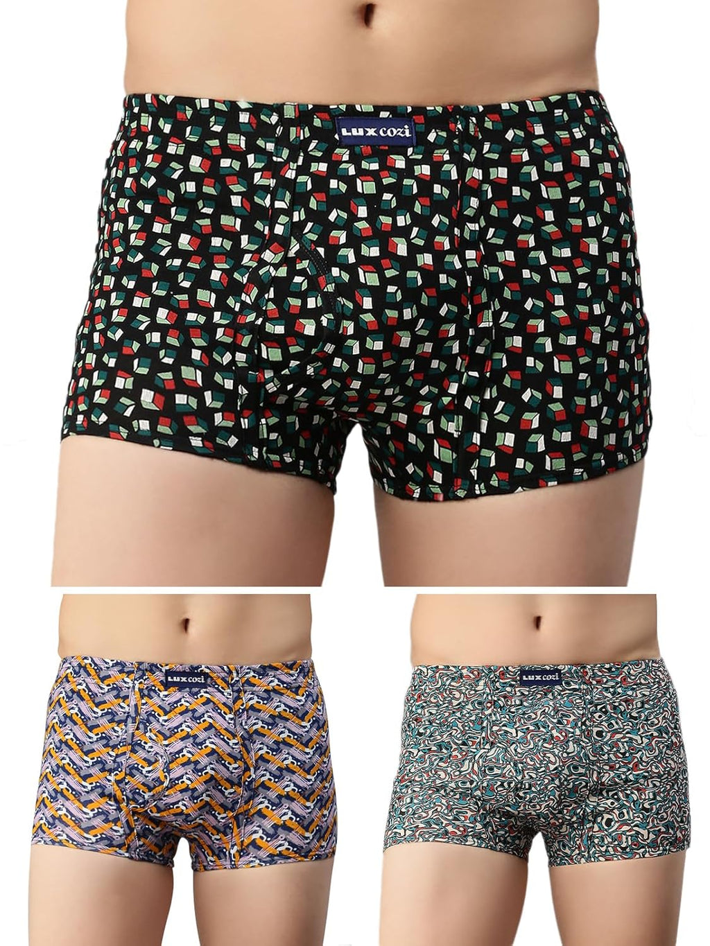 Lux Cozi Mens 100% Cotton Printed Mini Trunk | Printed Mini Trunk for Men | Color and Print May Vary | Mini Trunk for Men Pack of 3 (2XL)
