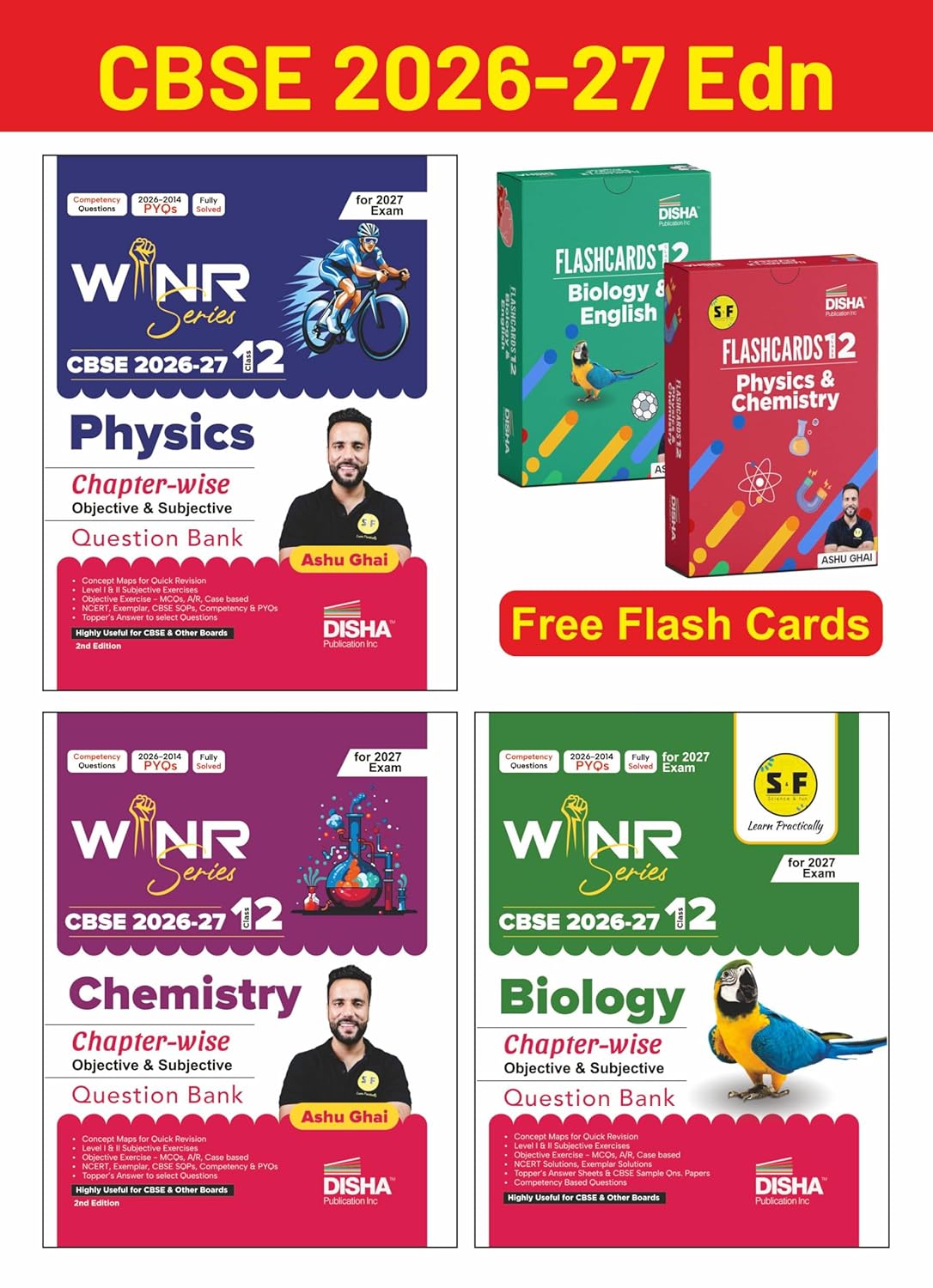 Combo (3 Books) WINR Series CBSE 2026-27 Class 12 Physics, Chemistry & Biology Chapter-wise Objective & Subjective Question Bank with FREE Flash Cards | For 2027 Exam | Fully Solved (Paperback)