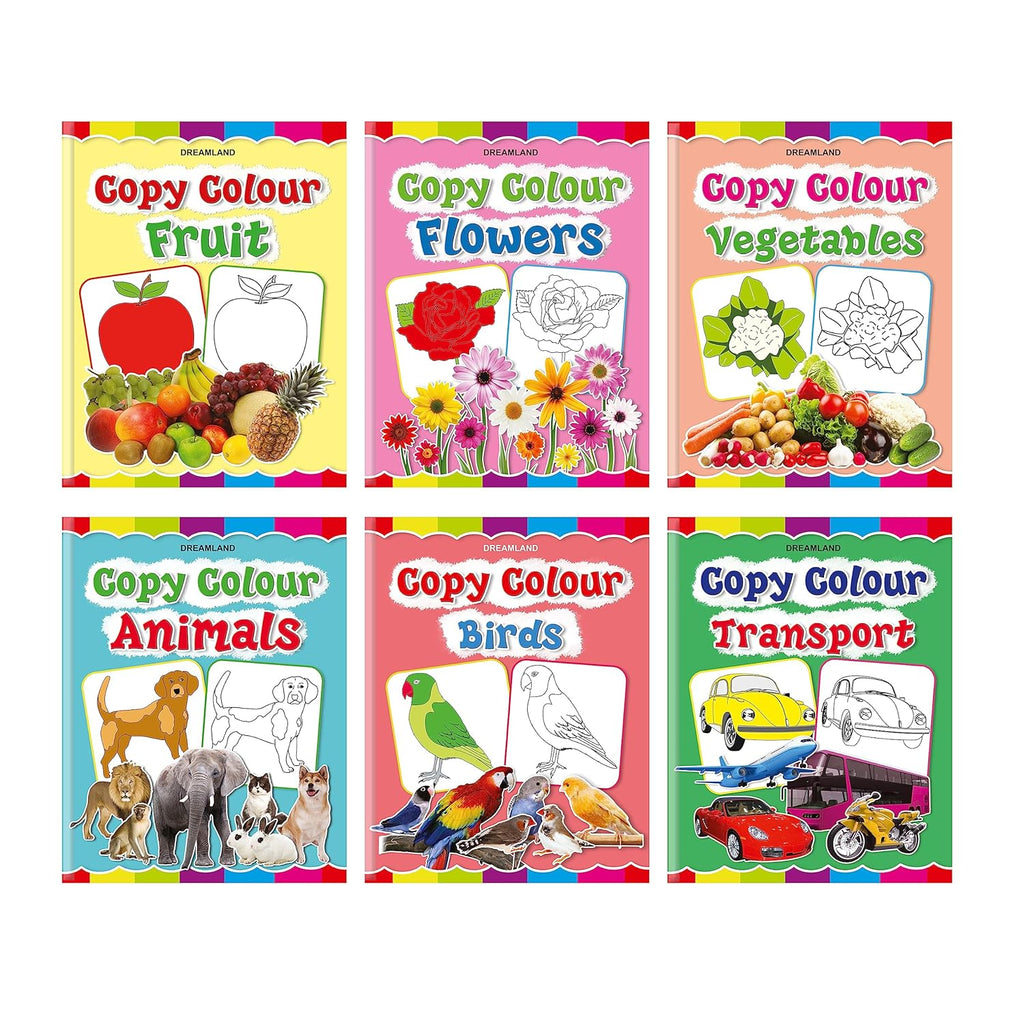 Set of 6 Copy Colour Books for Kids Age 3–5 Years | Animals, Birds, Flowers, Fruits, Transport, Vegetables | Fun Preschool Activity to Learn Colours & Object Names | Large Images & Thick Paper | Early (Paperback)